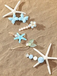 5入組海星和人造珍珠裝飾髮夾 - 藍色 - 查看 1