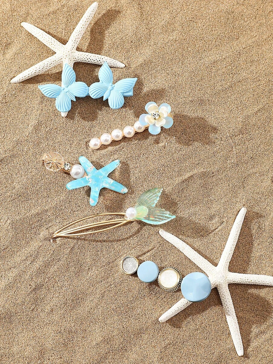 5入組海星和人造珍珠裝飾髮夾 - 藍色 - 查看 1