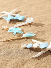 5入組海星和人造珍珠裝飾髮夾 - 藍色 - 查看 2