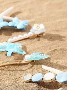 5入組海星和人造珍珠裝飾髮夾 - 藍色 - 查看 3