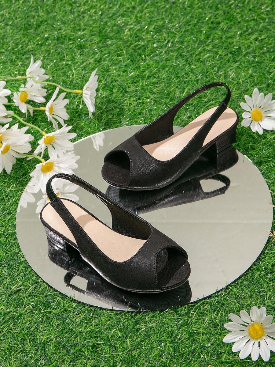 Girls Peep Toe Slingback Chunky Heeled Sandals For Outdoor - Black - View 1