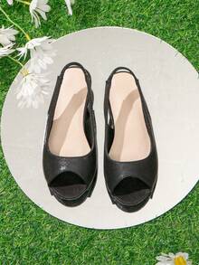 Girls Peep Toe Slingback Chunky Heeled Sandals For Outdoor - Black - View 5