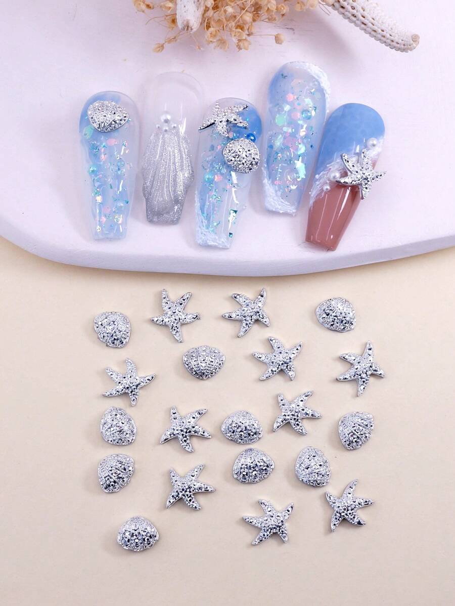 20 piezas Decoración de uñas estrella de mar & con diseño de concha - Plateado - Ver 1