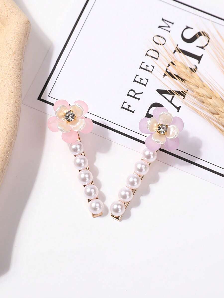 2 chiếc kẹp tóc trang trí hoa & ngọc trai giả cho nữ trang trí thanh lịch, để trang trí - Nhiều màu - Xem 1