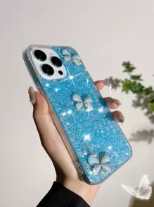 Funda de teléfono con decoración de mariposa y brillo para iPhone 16 - Azul - Ver 2