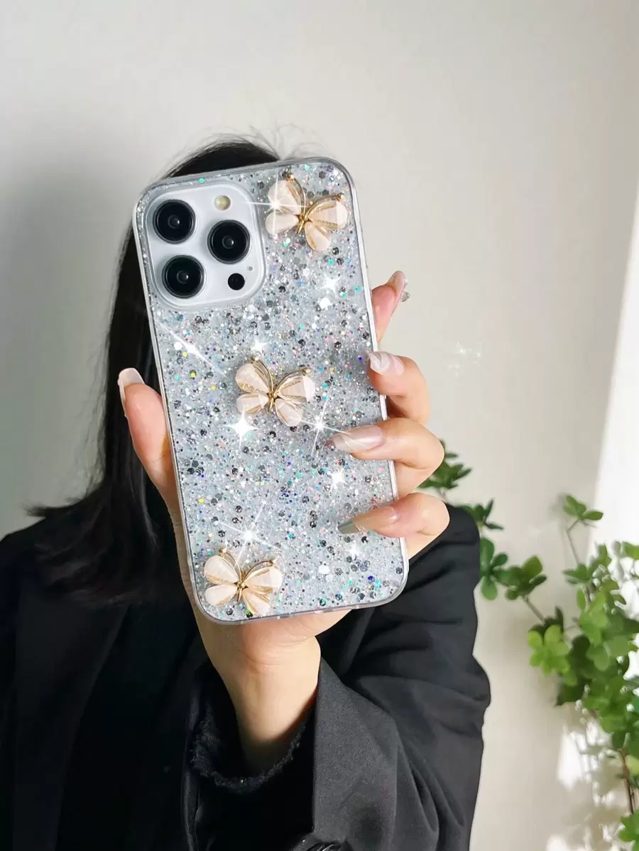 Funda de teléfono con decoración de mariposa y brillo compatible con iPhone 16, versión internacional, no la versión nacional - Blanco - Ver 1