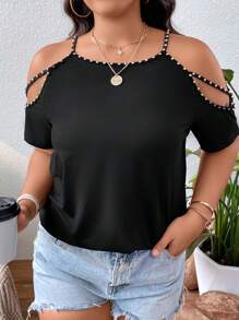 SHEIN Clasi 大碼串珠挖肩T恤 - 黑色 - 查看 3