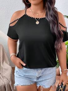 SHEIN Clasi 大碼串珠挖肩T恤 - 黑色 - 查看 4