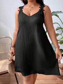 SHEIN Holidaya Plus Appliques Detail Dress - Black - View 4