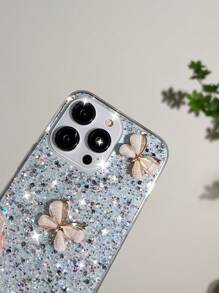Funda de teléfono con decoración de mariposa y brillo compatible con iPhone 16, versión internacional, no la versión nacional - Blanco - Ver 5