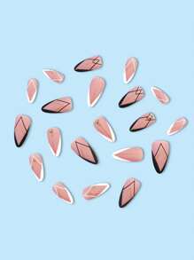 提升你風格帶24入組長款杏仁黑色和白色法語水鑽風格假指甲和1入組指甲銼和1張膠帶 - 彩色 - 查看 3