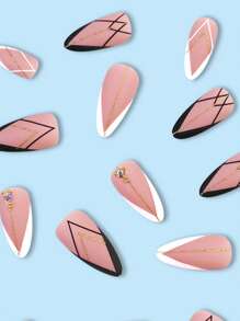 提升你風格帶24入組長款杏仁黑色和白色法語水鑽風格假指甲和1入組指甲銼和1張膠帶 - 彩色 - 查看 4