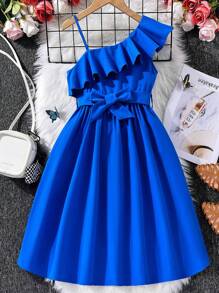 SHEIN Chicas Vestido con cinturón de cuello asimétrico ribete con fruncido - Azul - Ver 1