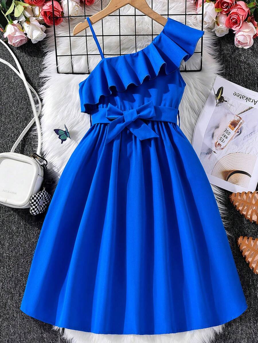 SHEIN Chicas Vestido con cinturón de cuello asimétrico ribete con fruncido - Azul - Ver 1