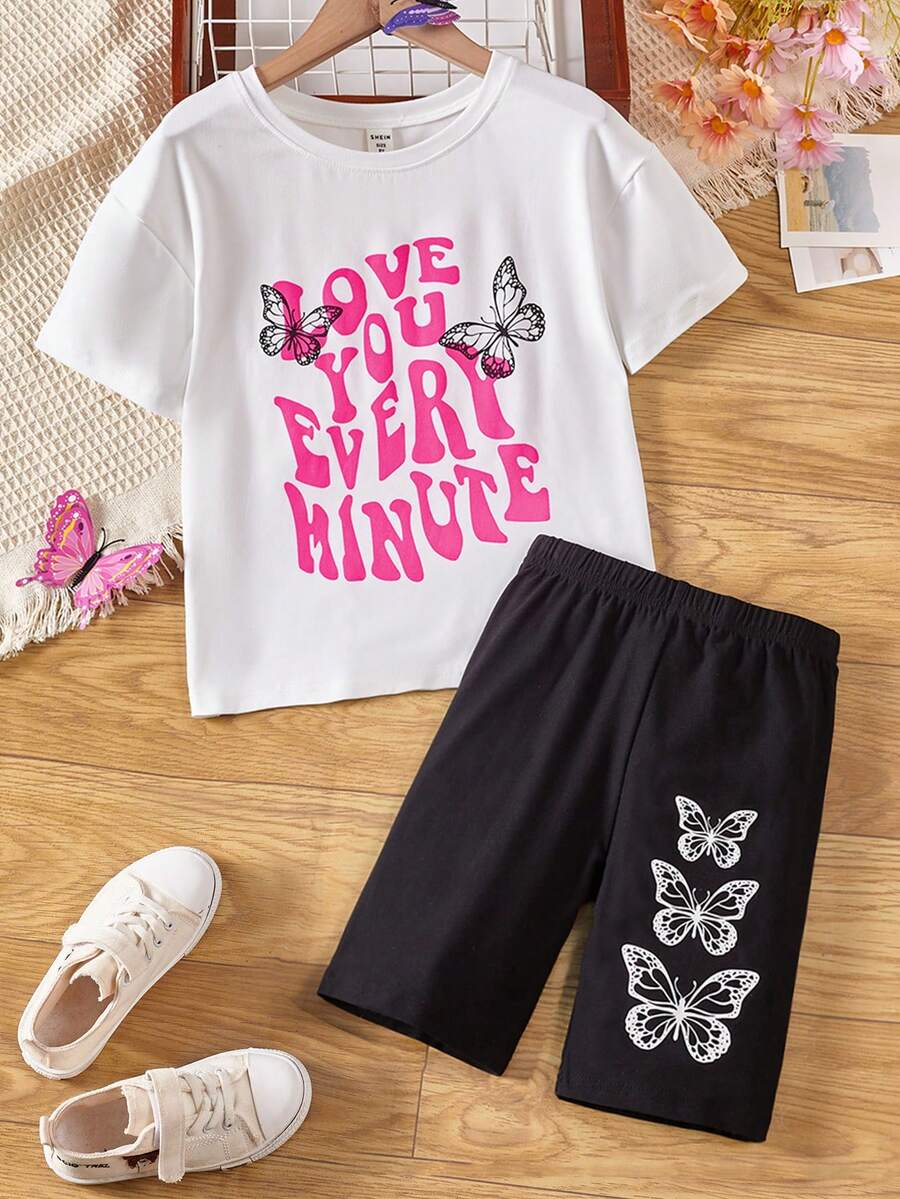 女孩標語和蝴蝶印花T恤和短褲 - 黑與白 - 查看 1