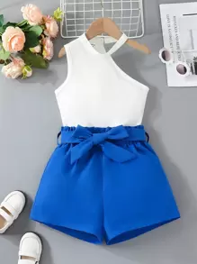 SHEIN Girls Cut Out Tank Top & Paperbag Waist Shorts - Blue and White - View 1