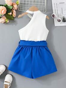 SHEIN Girls Cut Out Tank Top & Paperbag Waist Shorts - Blue and White - View 2