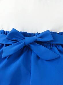 SHEIN Girls Cut Out Tank Top & Paperbag Waist Shorts - Blue and White - View 3