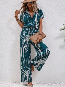 SHEIN Clasi Graphic Print Batwing Sleeve Shirt & Wide Leg Trousers - Green - View 1