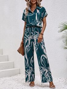 SHEIN Clasi Graphic Print Batwing Sleeve Shirt & Wide Leg Trousers - Green - View 3