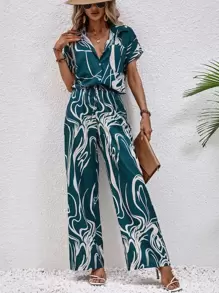 SHEIN Clasi Graphic Print Batwing Sleeve Shirt & Wide Leg Trousers - Green - View 5