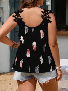 SHEIN Clasi 大碼羽毛印花拼接水溶蕾絲寬肩帶上衣 - 黑色 - 查看 2