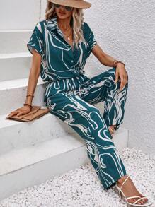 SHEIN Clasi Graphic Print Batwing Sleeve Shirt & Wide Leg Trousers - Green - View 6