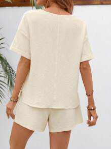 SHEIN LUNE 素色落肩袖襯衫和短褲 - 杏色 - 查看 2