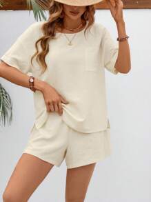 SHEIN LUNE 素色落肩袖襯衫和短褲 - 杏色 - 查看 4