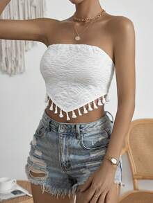 SHEIN Privé Áo nữ Bất đối xứng Lộ Lưng mép màu trơn Boho - trắng - Xem 3