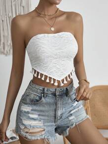 SHEIN Privé Áo nữ Bất đối xứng Lộ Lưng mép màu trơn Boho - trắng - Xem 6