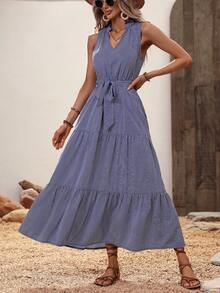 SHEIN VCAY Vestido con cinturón con estampado de rayas bajo con fruncido - Azul y blanco - Ver 3