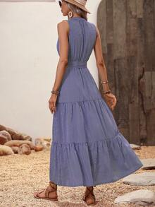 SHEIN VCAY Vestido con cinturón con estampado de rayas bajo con fruncido - Azul y blanco - Ver 2