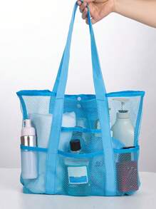 Oversized Beach Bag Mesh Design Double Handle For Beach - Blue - View 1