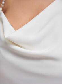 BizChic Asymmetrical Neck Pearls Beaded Draped Front Blouse Workwear - White - View 9