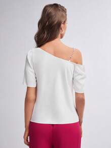BizChic Asymmetrical Neck Pearls Beaded Draped Front Blouse Workwear - White - View 10