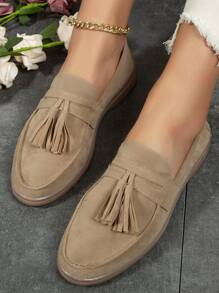 Giày bệt trang trí tua rua cho nữ, Giày lười da lộn giả ngoài trời cho kỳ nghỉ - Màu Khaki - Xem 2