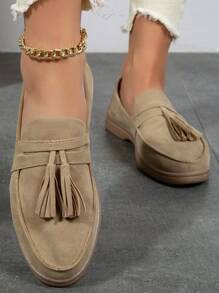 Giày bệt trang trí tua rua cho nữ, Giày lười da lộn giả ngoài trời cho kỳ nghỉ - Màu Khaki - Xem 5