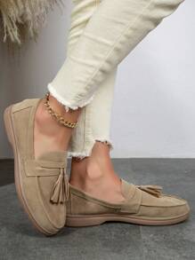 Giày bệt trang trí tua rua cho nữ, Giày lười da lộn giả ngoài trời cho kỳ nghỉ - Màu Khaki - Xem 6