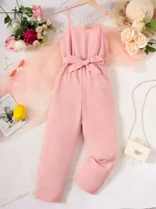SHEIN Áo liền quần Gái Thắt lưng màu trơn Giải trí - Màu Hồng baby - Xem 1