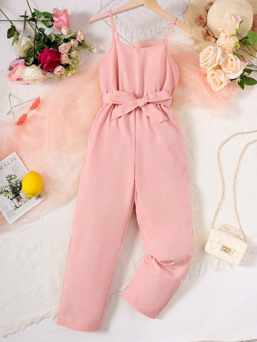 SHEIN Áo liền quần Gái Thắt lưng màu trơn Giải trí - Màu Hồng baby - Xem 1