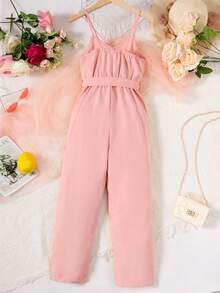 SHEIN Áo liền quần Gái Thắt lưng màu trơn Giải trí - Màu Hồng baby - Xem 2