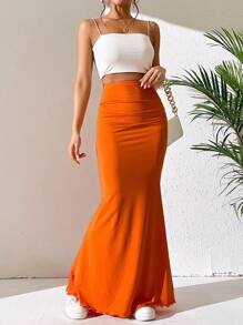 SHEIN EZwear Váy nữ màu trơn Thanh lịch - Màu Cam cháy - Xem 3