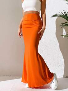 SHEIN EZwear Váy nữ màu trơn Thanh lịch - Màu Cam cháy - Xem 4