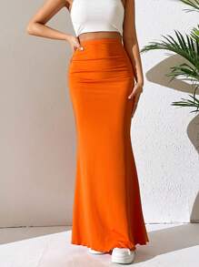 SHEIN EZwear Váy nữ màu trơn Thanh lịch - Màu Cam cháy - Xem 5