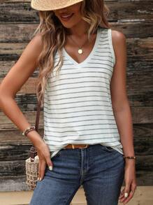 SHEIN LUNE Striped Print Tank Top Graphic Tees Women Tops - White - View 6