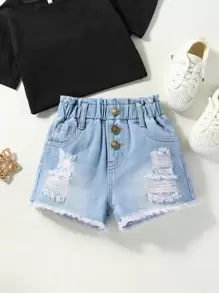 小女童破洞毛邊紙袋腰牛仔短褲 - 淺色水洗藍 - 查看 1