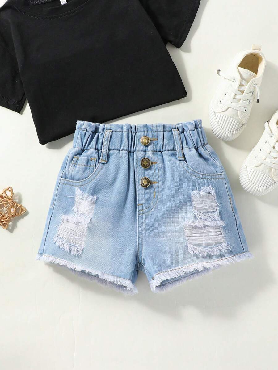 小女童破洞毛邊紙袋腰牛仔短褲 - 淺色水洗藍 - 查看 1
