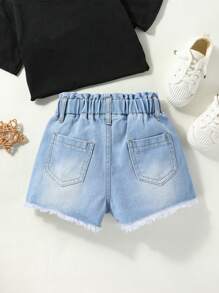 小女童破洞毛邊紙袋腰牛仔短褲 - 淺色水洗藍 - 查看 2