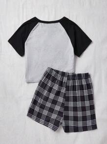 Girls Cartoon Graphic Raglan Sleeve Tee & Plaid Shorts PJ Set - Multicolor - View 2